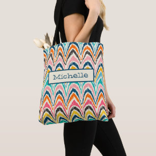 Tote Bag Motif de la flamme rose bleu jaune Monogramme