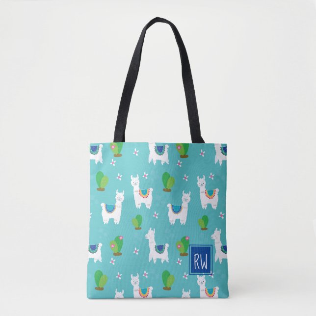 Tote Bag Motif de lama et de cactus de monogramme (Devant)