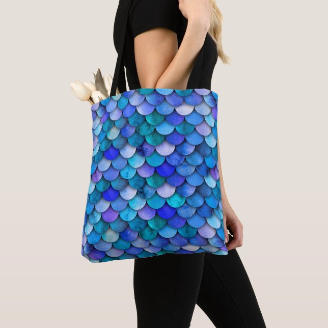 Tote Bag Motif de l'échelle de sirène bleu et violet (De près)