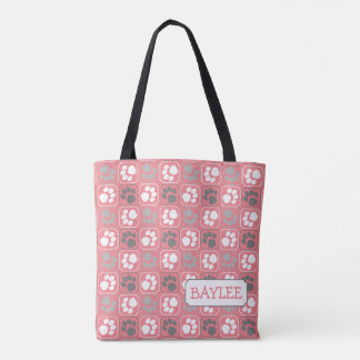 Tote Bag Motif de mosaïque Empreinte de patte rose avec nom