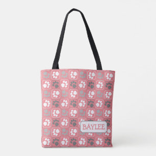 Tote Bag Motif de mosaïque Empreinte de patte rose avec nom