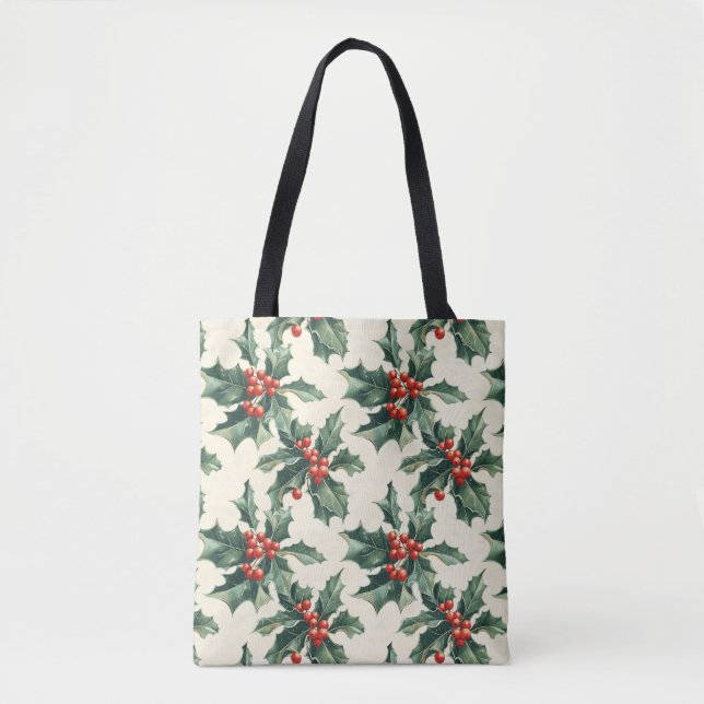 Tote Bag Motif de Noël avec Holly Feuilles et Red Berry (Devant)
