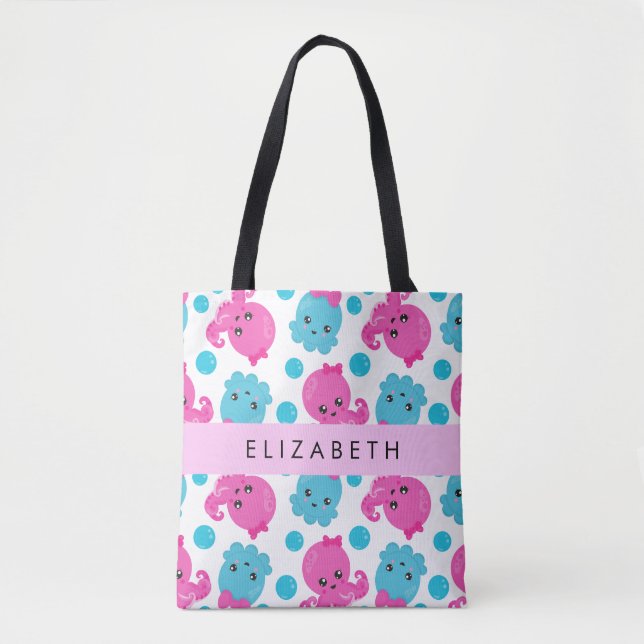Tote Bag Motif de pieuvre, Pieuvre mignonne, Mer, Votre Nom (Devant)