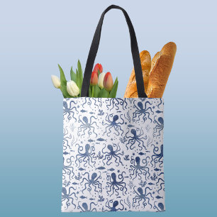 Tote Bag Motif de poulpe sous-marin à l'aquarelle bleue côt