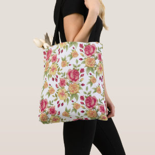 Tote Bag Motif de roses rouges et jaunes vintage et boutons