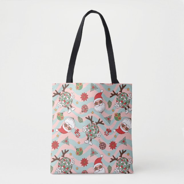 Tote Bag Motif de vacances Disco Père Noël et Reindeer (Devant)