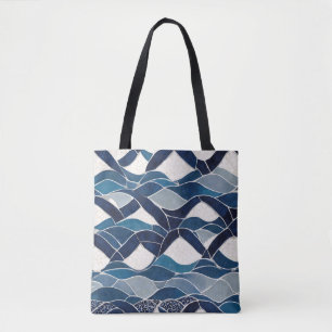 Tote Bag Motif de vague bleu blanc 01