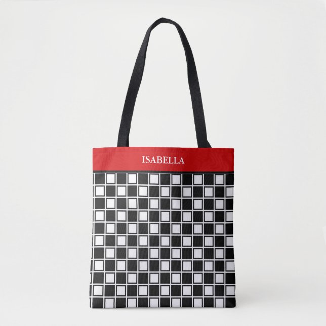 Tote Bag Motif d'échecs noir et blanc et bande rouge (Devant)