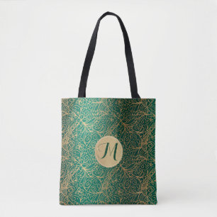 Tote Bag Motif décoratif vert et or et monogramme