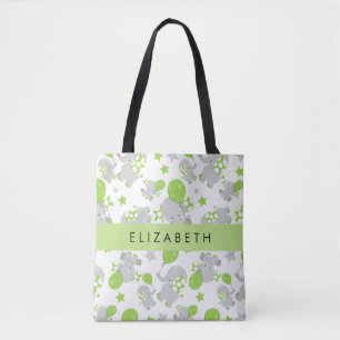 Tote Bag Motif D'Eléphants, Eléphants Mignons, Votre Nom