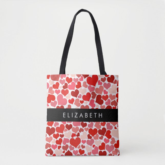 Tote Bag Motif Des Coeurs, Coeurs Rouges, Amour, Votre Nom (Devant)