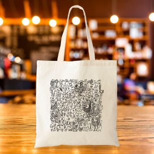 Tote Bag Motif d'oiseaux décoratifs boho noir et blanc