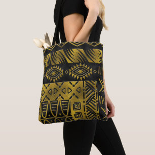 Tote Bag Motif d'or africain ethnique sur le noir