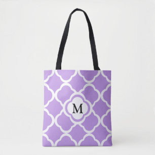 Tote Bag Motif élégant de monogramme violet à quatre feuill