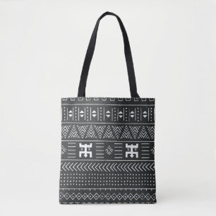 Tote Bag Motif ethnique tribal noir et blanc avec géométrie