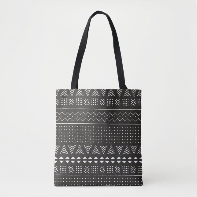 Tote Bag Motif ethnique tribal noir et blanc avec géométrie (Devant)