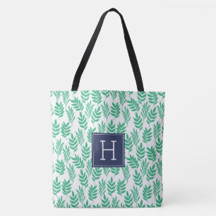 Tote Bag Motif Feuille vert et Monogramme bleu