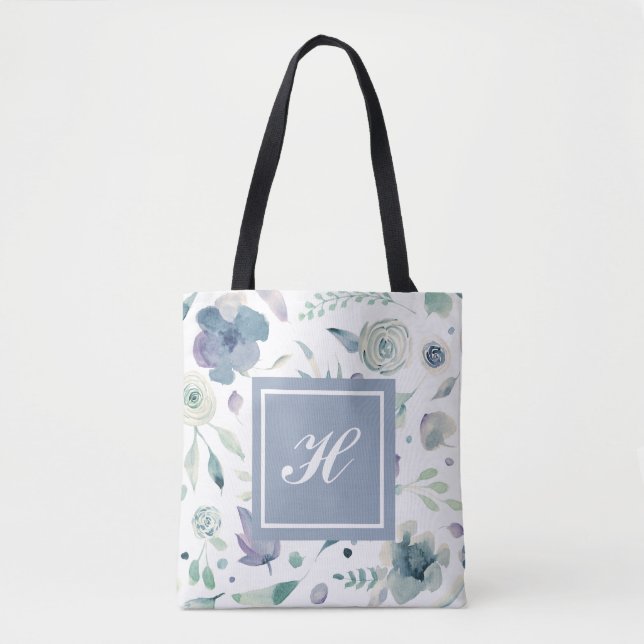 Tote Bag Motif floral aquarelle bleu violet monogramme (Devant)
