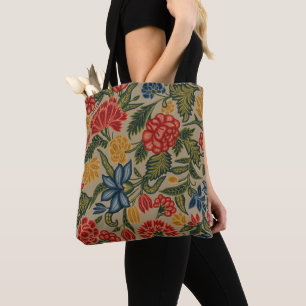 Tote Bag Motif floral au point de crewel rouge et or vintag