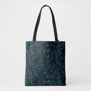 Tote Bag Motif floral classique mono ton bleu.A07 Black BG