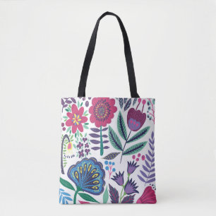 Tote Bag Motif floral d'art populaire magenta