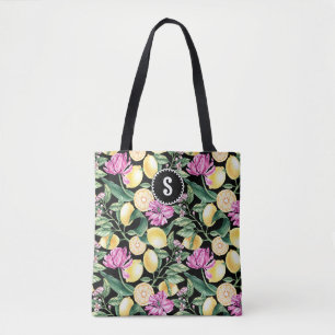 Tote Bag Motif floral de citrons et de tulipes   Monogramme