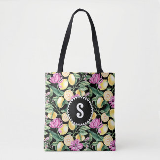 Tote Bag Motif floral de citrons et de tulipes | Monogramme