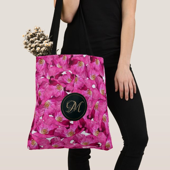 Tote Bag Motif floral de rose de pavots. Monogramme (De près)