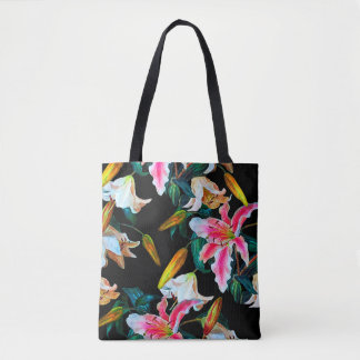 Tote Bag Motif floral incomparable. Lys blanc et rose sur u