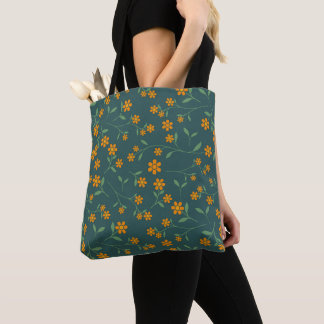 Tote Bag Motif floral rétro orange sur fond sarcelle foncé