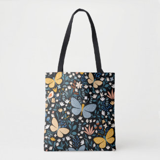 Tote Bag Motif floral sans soudure avec papillons, main dr