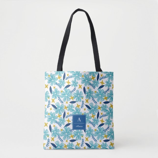 Tote Bag Motif floral tropical blanc bleu - ajoutez votre (Devant)
