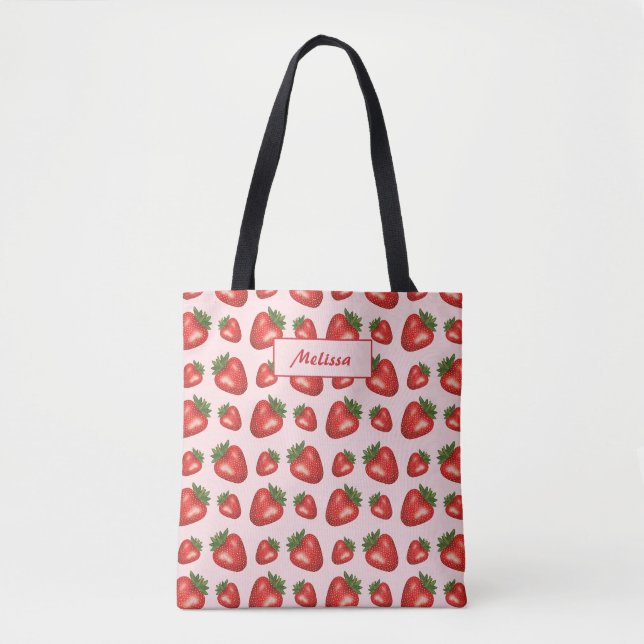 Tote Bag Motif Fraise Rouge Sur Rose Avec Texte Personnalis (Devant)