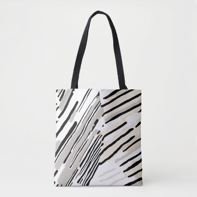 Tote Bag Motif géométrique rayures noir, blanc et gris (Devant)