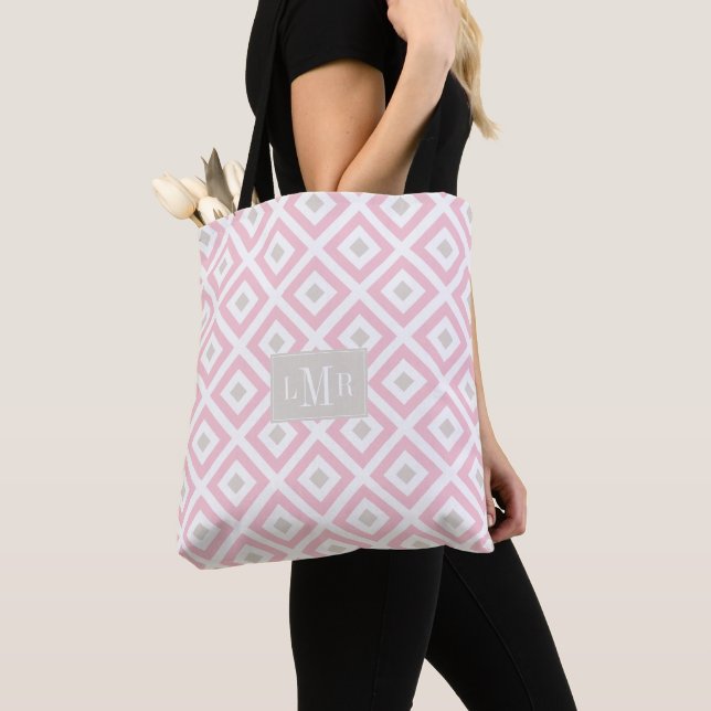 Tote Bag Motif géométrique rose et beige monogramme (De près)