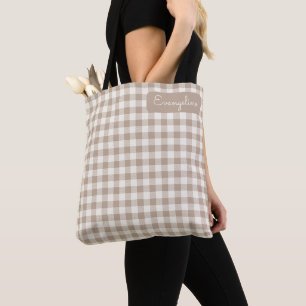 Tote Bag Motif Gingham Carreaux Neutre Nom