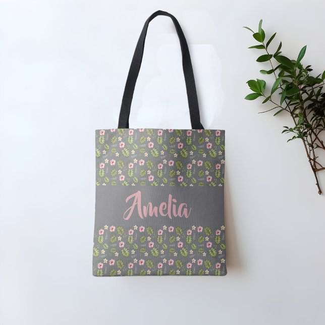 Tote Bag Motif gris rose fleuri aquarelle (Créateur téléchargé)