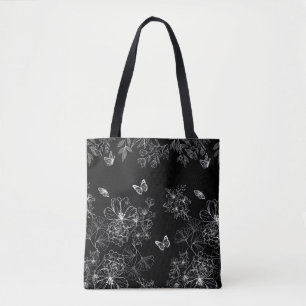 Tote Bag Motif minimaliste de la nature florale noire et bl