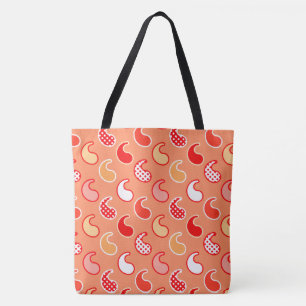 Tote Bag Motif moderne Paisley, Coral Orange et Blanc
