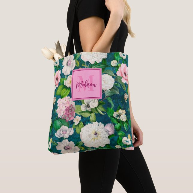 Tote Bag Motif monogramme vert fleuri et rose (De près)