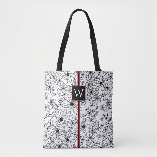 Tote Bag Motif noir floral et Monogramme blanc (Devant)