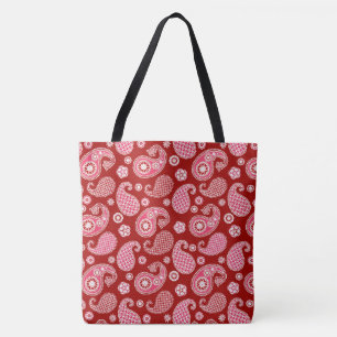 Tote Bag Motif Paisley, rouge foncé, blanc et rose corail
