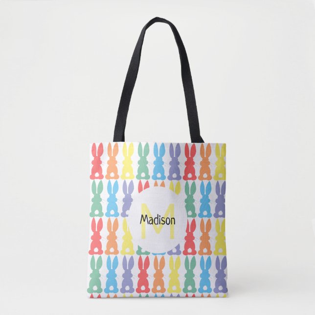 Tote Bag Motif Rainbow Bunny Personnalisé Enfants Pâques (Devant)