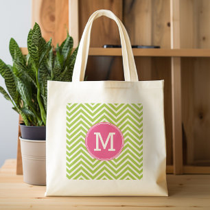 Tote Bag Motif rose et vert Chevron avec Monogramme