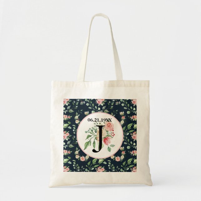 Tote Bag Motif Rose victorien Monogram, Mariage Date (Devant)