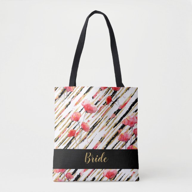 Tote Bag Motif rouge blanc de pavot de noir d'or de *~* (Devant)