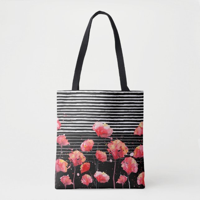 Tote Bag Motif rouge de pavot de rayure blanche noire de (Devant)