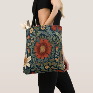 Tote Bag Motif rouge fleur sauvage William Morris Style