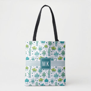Tote Bag Motif succulent d'aquarelle verte et bleue