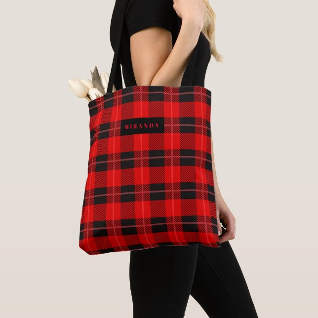 Tote Bag Motif tartan de buffle noir et rouge (De près)